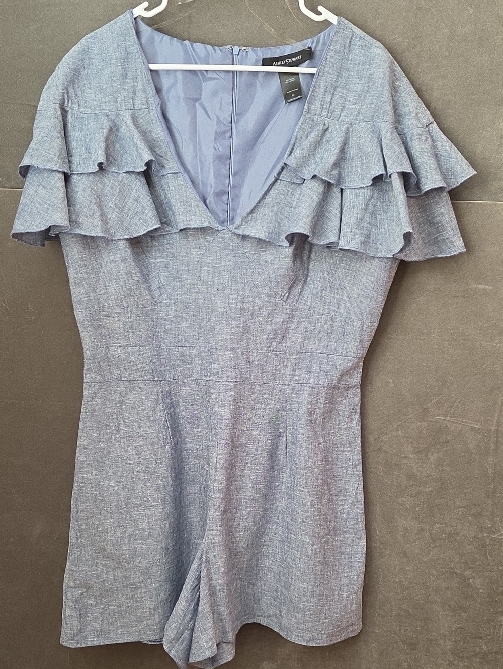 Ashley Stewart Size 14 Blue Jumpsuit  Ruffled Sleeves V-neck Linen Blend Romper